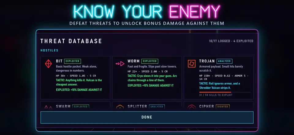 Threat Database screen